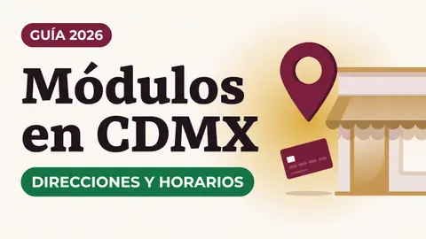 Ilustración de un pin de ubicación sobre una fachada de módulo con toldo y una tarjeta del Bienestar con el texto Módulos en CDMX y la etiqueta DIRECCIONES Y HORARIOS