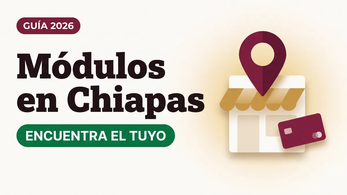 Ilustración de un pin de ubicación sobre una fachada de módulo con toldo y una tarjeta del Bienestar con el texto Módulos en Chiapas y la etiqueta ENCUENTRA EL TUYO