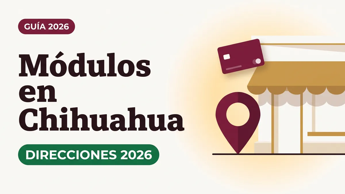 Ilustración de un pin de ubicación sobre una fachada de módulo con toldo y una tarjeta del Bienestar con el texto Módulos en Chihuahua y la etiqueta DIRECCIONES 2026