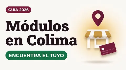 Ilustración de un pin de ubicación sobre una fachada de módulo con toldo y una tarjeta del Bienestar con el texto Módulos en Colima y la etiqueta ENCUENTRA EL TUYO