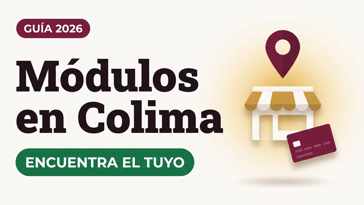 Ilustración de un pin de ubicación sobre una fachada de módulo con toldo y una tarjeta del Bienestar con el texto Módulos en Colima y la etiqueta ENCUENTRA EL TUYO