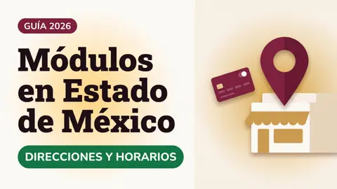 Ilustración de un pin de ubicación sobre una fachada de módulo con toldo y una tarjeta del Bienestar con el texto Módulos en Estado de México y la etiqueta DIRECCIONES Y HORARIOS