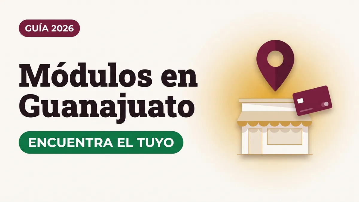 Ilustración de un pin de ubicación sobre una fachada de módulo con toldo y una tarjeta del Bienestar con el texto Módulos en Guanajuato y la etiqueta ENCUENTRA EL TUYO