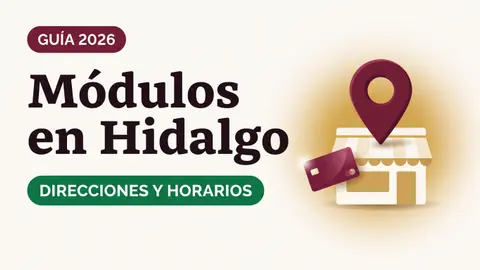 Ilustración de un pin de ubicación sobre una fachada de módulo con toldo y una tarjeta del Bienestar con el texto Módulos en Hidalgo y la etiqueta DIRECCIONES Y HORARIOS