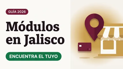 Ilustración de un pin de ubicación sobre una fachada de módulo con toldo y una tarjeta del Bienestar con el texto Módulos en Jalisco y la etiqueta ENCUENTRA EL TUYO