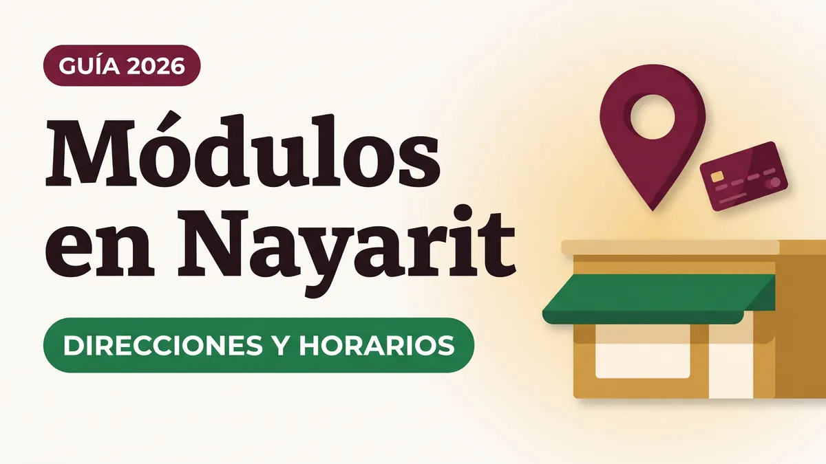 Ilustración de un pin de ubicación, un módulo con toldo verde y una tarjeta del Bienestar con el texto Módulos en Nayarit y la etiqueta DIRECCIONES Y HORARIOS