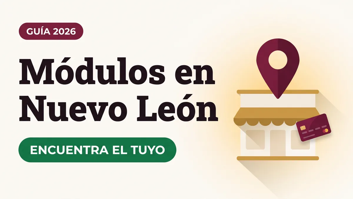Ilustración de un pin de ubicación sobre un módulo con toldo dorado y una tarjeta del Bienestar con el texto Módulos en Nuevo León y la etiqueta ENCUENTRA EL TUYO