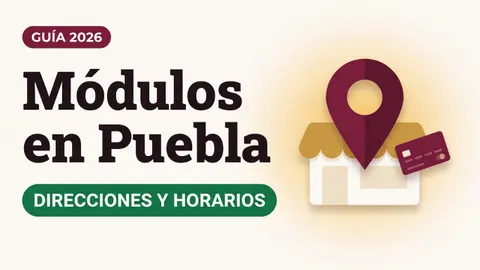 Ilustración de un pin de ubicación sobre un módulo con toldo dorado y una tarjeta del Bienestar con el texto Módulos en Puebla y la etiqueta DIRECCIONES Y HORARIOS