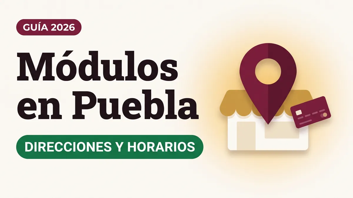Ilustración de un pin de ubicación sobre un módulo con toldo dorado y una tarjeta del Bienestar con el texto Módulos en Puebla y la etiqueta DIRECCIONES Y HORARIOS