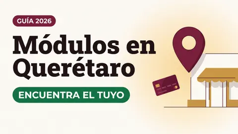 Ilustración de un pin de ubicación junto a un módulo con toldo y una tarjeta del Bienestar con el texto Módulos en Querétaro y la etiqueta ENCUENTRA EL TUYO