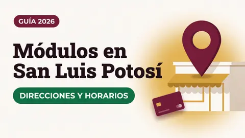 Ilustración de un pin de ubicación sobre un módulo con toldo y una tarjeta del Bienestar con el texto Módulos en San Luis Potosí y la etiqueta DIRECCIONES Y HORARIOS