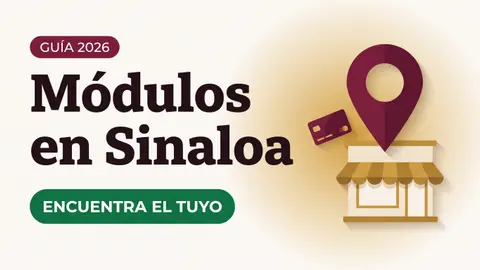 Ilustración de un pin de ubicación sobre un módulo con toldo y una tarjeta del Bienestar con el texto Módulos en Sinaloa y la etiqueta ENCUENTRA EL TUYO