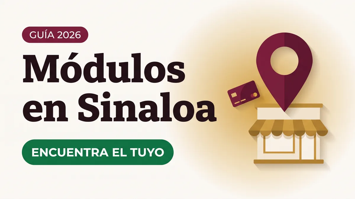Ilustración de un pin de ubicación sobre un módulo con toldo y una tarjeta del Bienestar con el texto Módulos en Sinaloa y la etiqueta ENCUENTRA EL TUYO