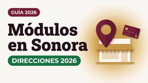 Ilustración de un pin de ubicación sobre un módulo con toldo dorado y una tarjeta del Bienestar con el texto Módulos en Sonora y la etiqueta DIRECCIONES 2026