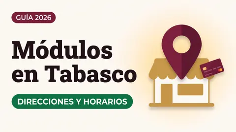 Ilustración de un pin de ubicación sobre un módulo con toldo y una tarjeta del Bienestar con el texto Módulos en Tabasco y la etiqueta DIRECCIONES Y HORARIOS