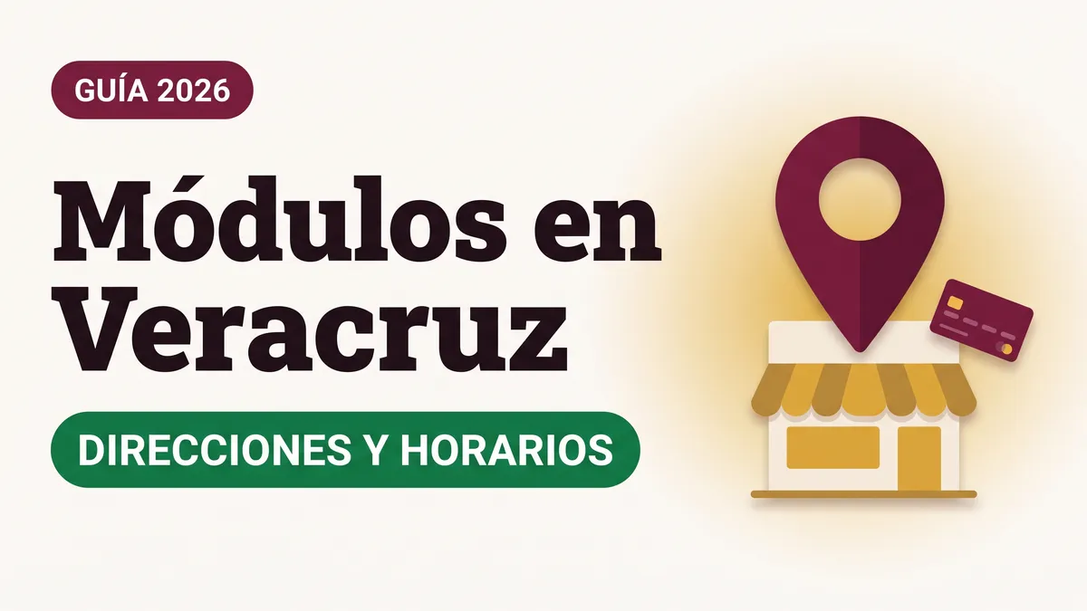 Ilustración de un pin de ubicación sobre un módulo con toldo y una tarjeta del Bienestar con el texto Módulos en Veracruz y la etiqueta DIRECCIONES Y HORARIOS