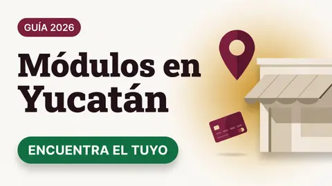 Ilustración de un pin de ubicación junto a un módulo con toldo y una tarjeta del Bienestar con el texto Módulos en Yucatán y la etiqueta ENCUENTRA EL TUYO