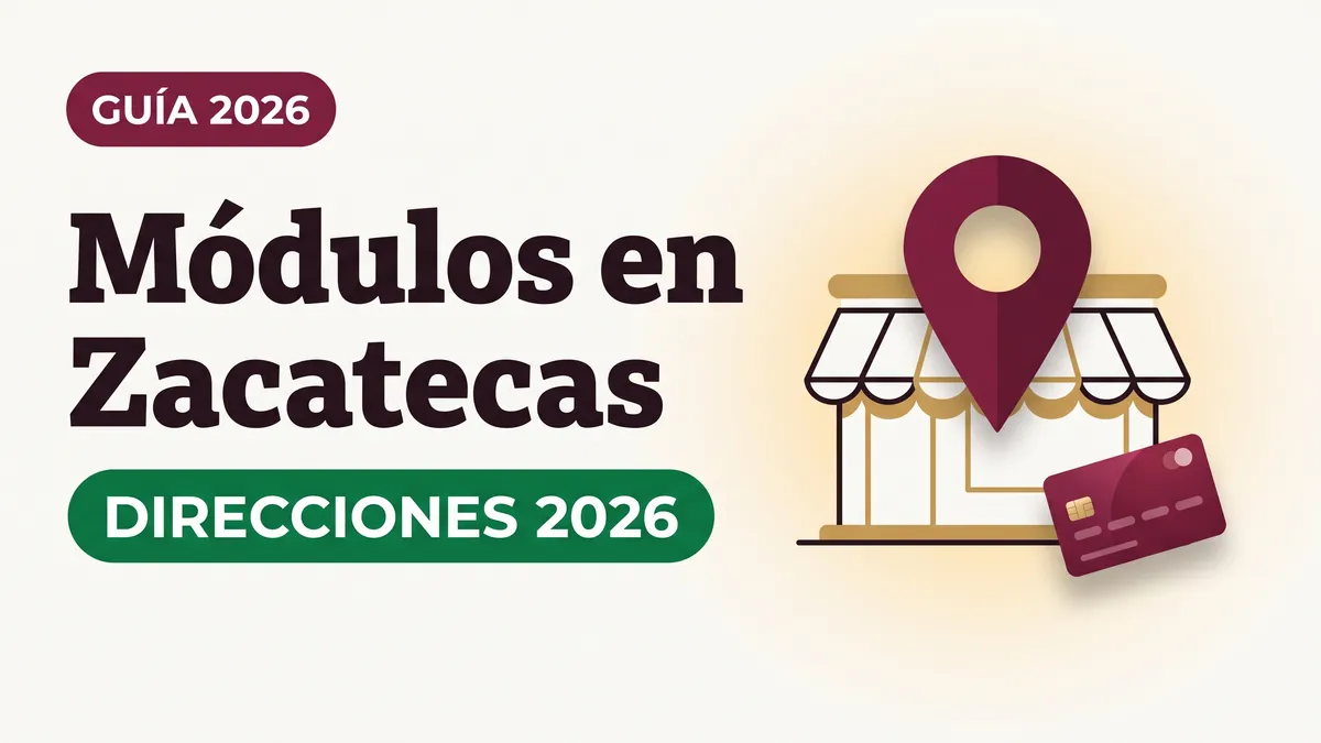 Ilustración de un pin de ubicación sobre un módulo con toldos y una tarjeta del Bienestar con el texto Módulos en Zacatecas y la etiqueta DIRECCIONES 2026