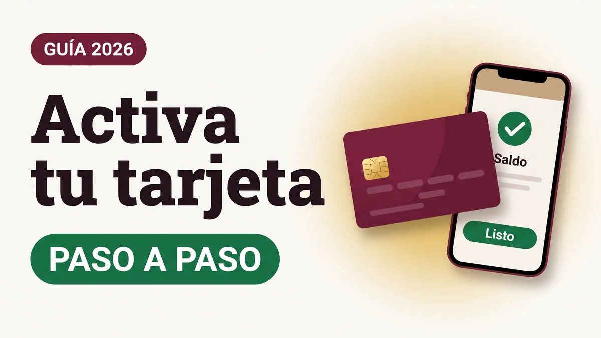 Ilustración de una tarjeta del Bienestar y un teléfono con palomita verde con el texto Activa tu tarjeta y la etiqueta PASO A PASO