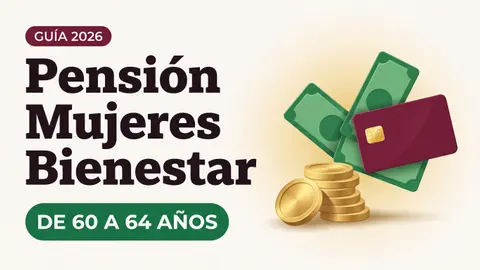Ilustración de billetes, monedas doradas y una tarjeta del Bienestar con el texto Pensión Mujeres Bienestar y la etiqueta DE 60 A 64 AÑOS