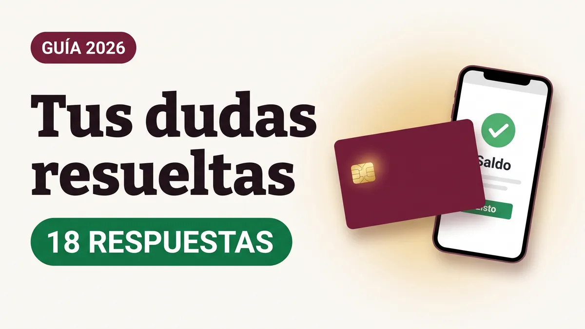Ilustración de una tarjeta del Bienestar y un teléfono con palomita verde con el texto Tus dudas resueltas y la etiqueta 18 RESPUESTAS