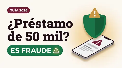 Ilustración de un escudo con señal de advertencia sobre un teléfono que muestra un anuncio falso, con el texto ¿Préstamo de 50 mil? y la etiqueta ES FRAUDE