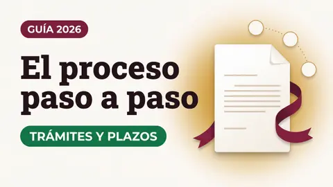 Ilustración serena de un documento con listón color vino y pasos conectados con el texto El proceso paso a paso y la etiqueta TRÁMITES Y PLAZOS
