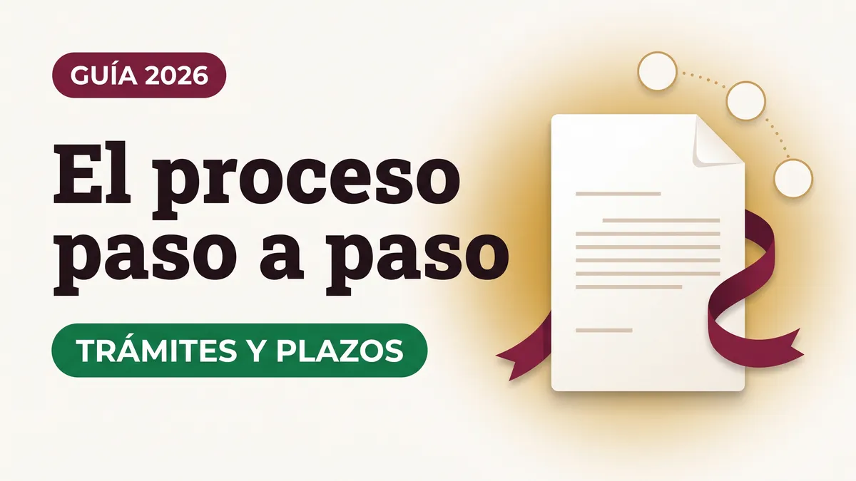 Ilustración serena de un documento con listón color vino y pasos conectados con el texto El proceso paso a paso y la etiqueta TRÁMITES Y PLAZOS