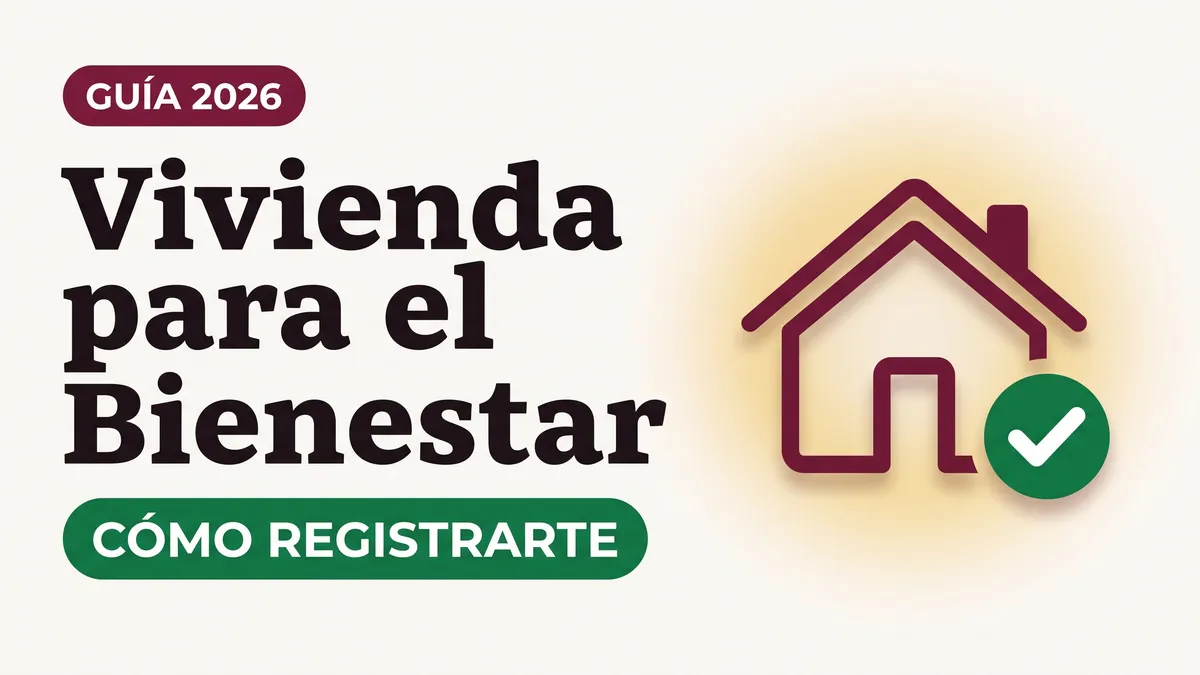 Ilustración de una casa color vino con palomita verde con el texto Vivienda para el Bienestar y la etiqueta CÓMO REGISTRARTE