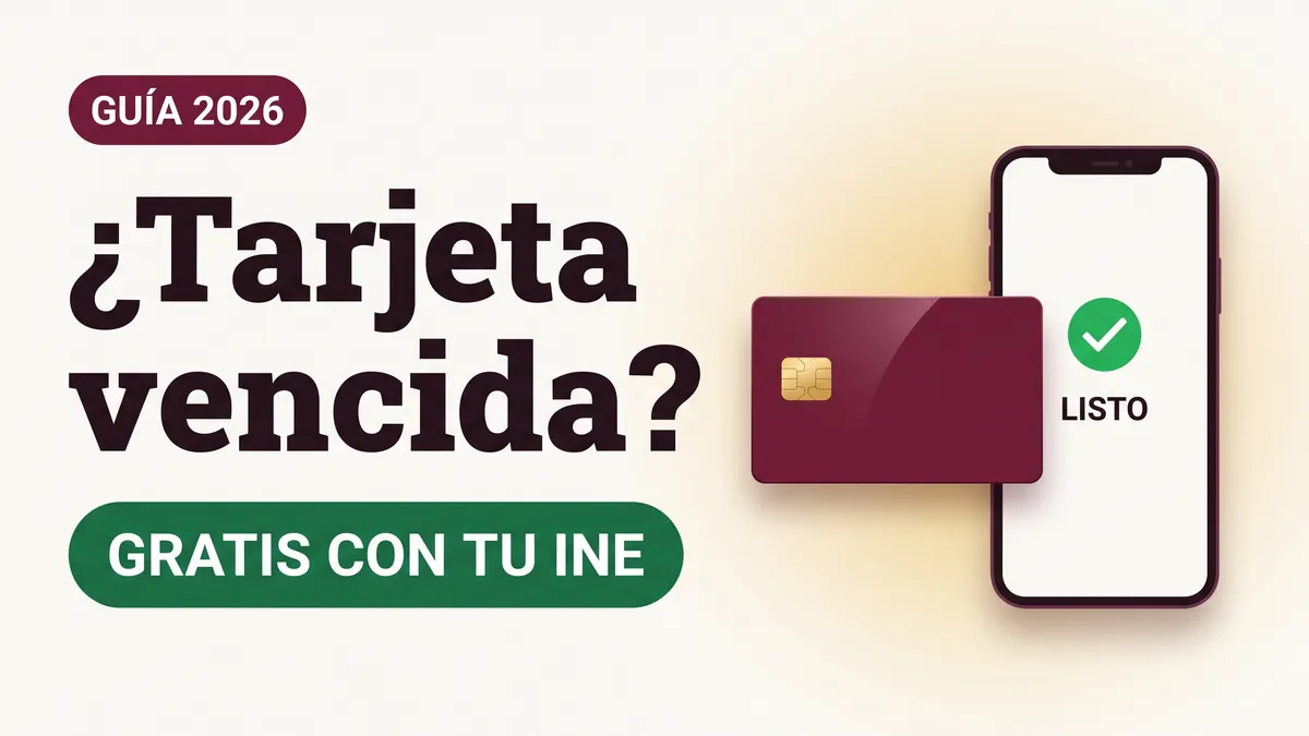 Ilustración de una tarjeta del Bienestar y un teléfono con palomita verde con el texto Tarjeta vencida y la etiqueta GRATIS CON TU INE