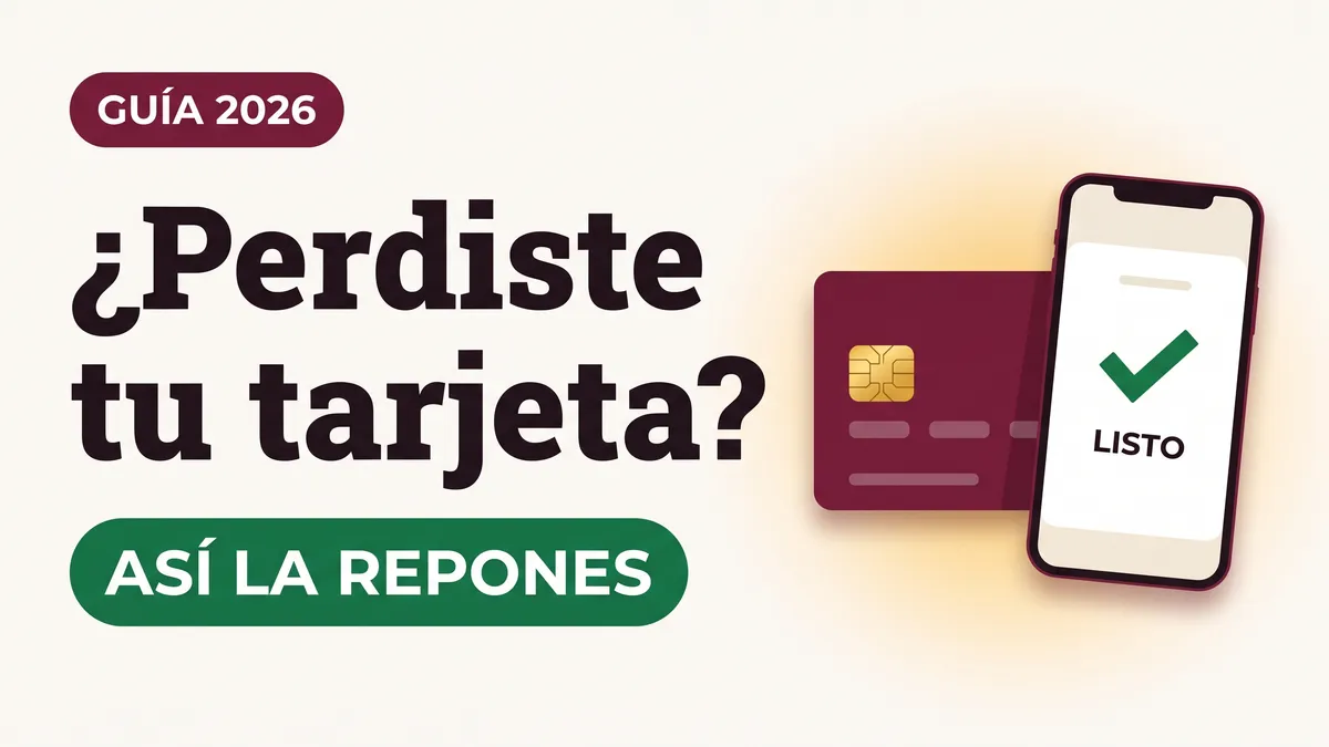 Ilustración de una tarjeta del Bienestar y un teléfono con palomita verde con el texto Perdiste tu tarjeta y la etiqueta ASÍ LA REPONES