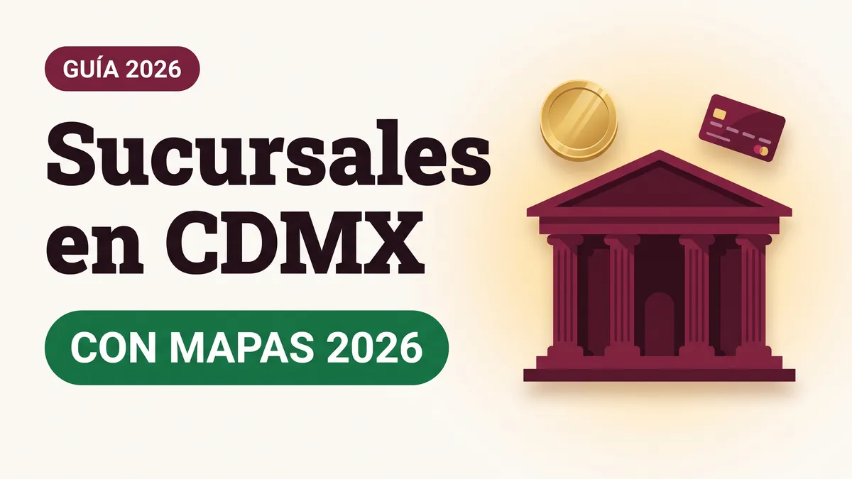 Ilustración de un edificio bancario en color vino con una moneda dorada y una tarjeta del Bienestar con el texto Sucursales en CDMX y la etiqueta CON MAPAS 2026
