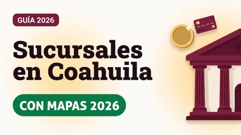Ilustración de un edificio bancario en color vino con una moneda dorada y una tarjeta del Bienestar con el texto Sucursales en Coahuila y la etiqueta CON MAPAS 2026