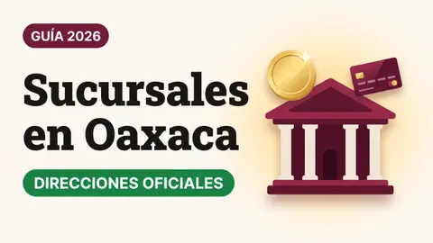 Ilustración de una fachada de banco en color vino con una moneda dorada y una tarjeta del Bienestar con el texto Sucursales en Oaxaca y la etiqueta DIRECCIONES OFICIALES