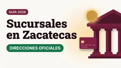 Ilustración de una fachada de banco en color vino con una moneda dorada y una tarjeta del Bienestar con el texto Sucursales en Zacatecas y la etiqueta DIRECCIONES OFICIALES