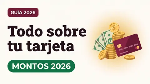 Ilustración de monedas doradas, billetes y una tarjeta del Bienestar con el texto Todo sobre tu tarjeta y la etiqueta MONTOS 2026