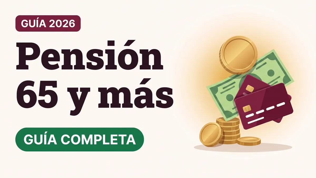 Ilustración de monedas doradas, billetes y una tarjeta del Bienestar con el texto Pensión 65 y más y la etiqueta GUÍA COMPLETA