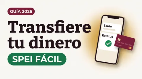 Ilustración de un teléfono con las palabras Saldo y Estatus junto a una tarjeta del Bienestar con el texto Transfiere tu dinero y la etiqueta SPEI FÁCIL