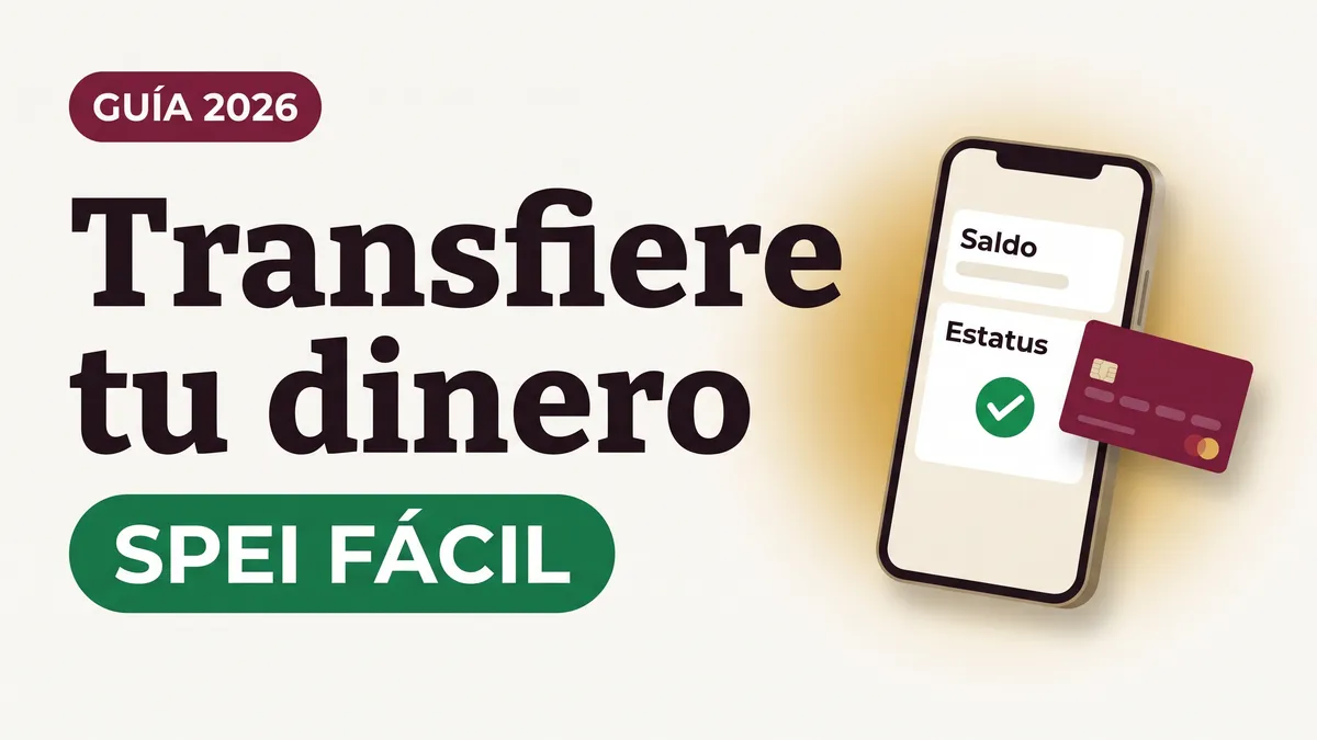 Ilustración de un teléfono con las palabras Saldo y Estatus junto a una tarjeta del Bienestar con el texto Transfiere tu dinero y la etiqueta SPEI FÁCIL