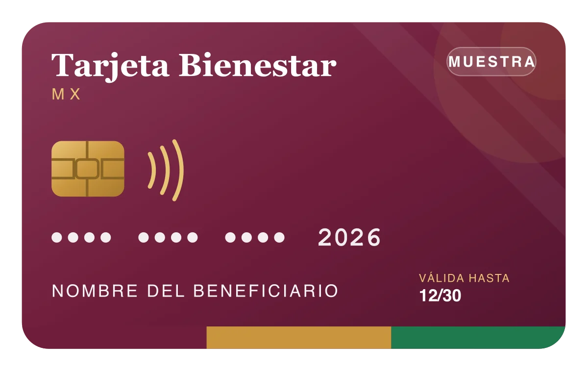 Muestra ilustrativa de la Tarjeta Bienestar: tarjeta guinda con chip dorado, franja tricolor y la leyenda nombre del beneficiario