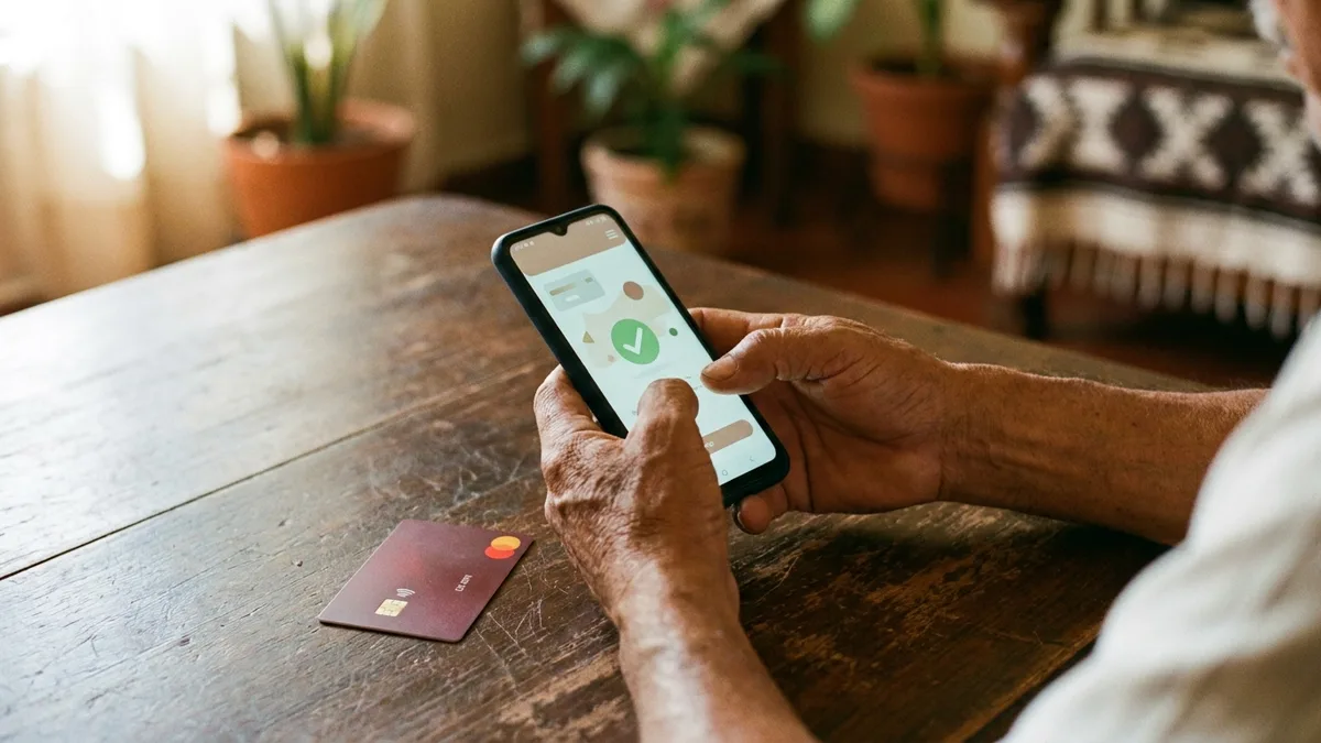 Manos de un hombre mayor consultando el saldo de su Tarjeta Bienestar en la app del celular