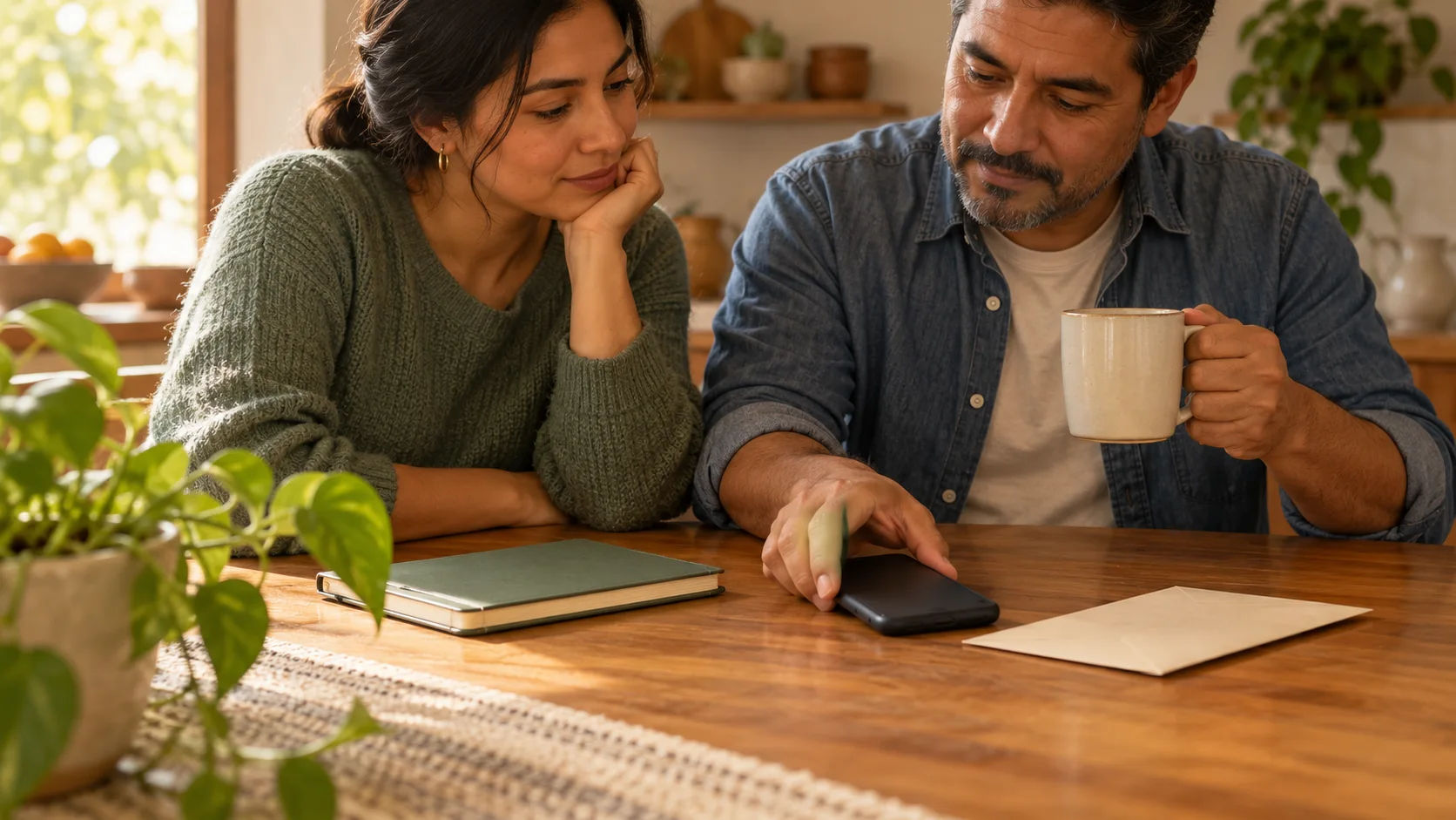 Ilustración generada con IA: una pareja conversa junto a un teléfono y un cuaderno. No representa una transferencia real.