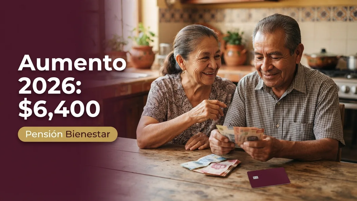 Pareja de adultos mayores revisando el pago de su Pensión Bienestar en casa
