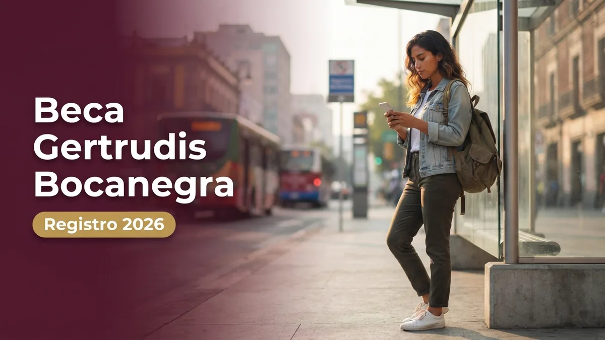 Estudiante universitaria en una parada de autobús revisando su celular
