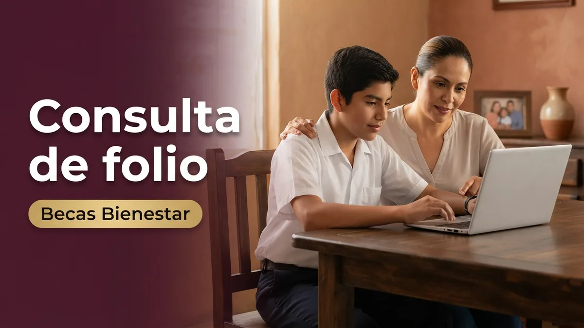 Madre e hijo estudiante consultando el folio de su beca en una laptop