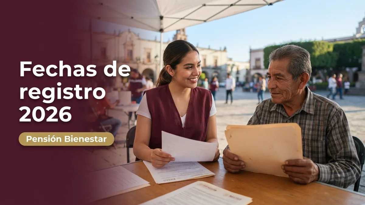 Módulo de registro del Bienestar en una plaza: personal atiende a un adulto mayor con sus documentos