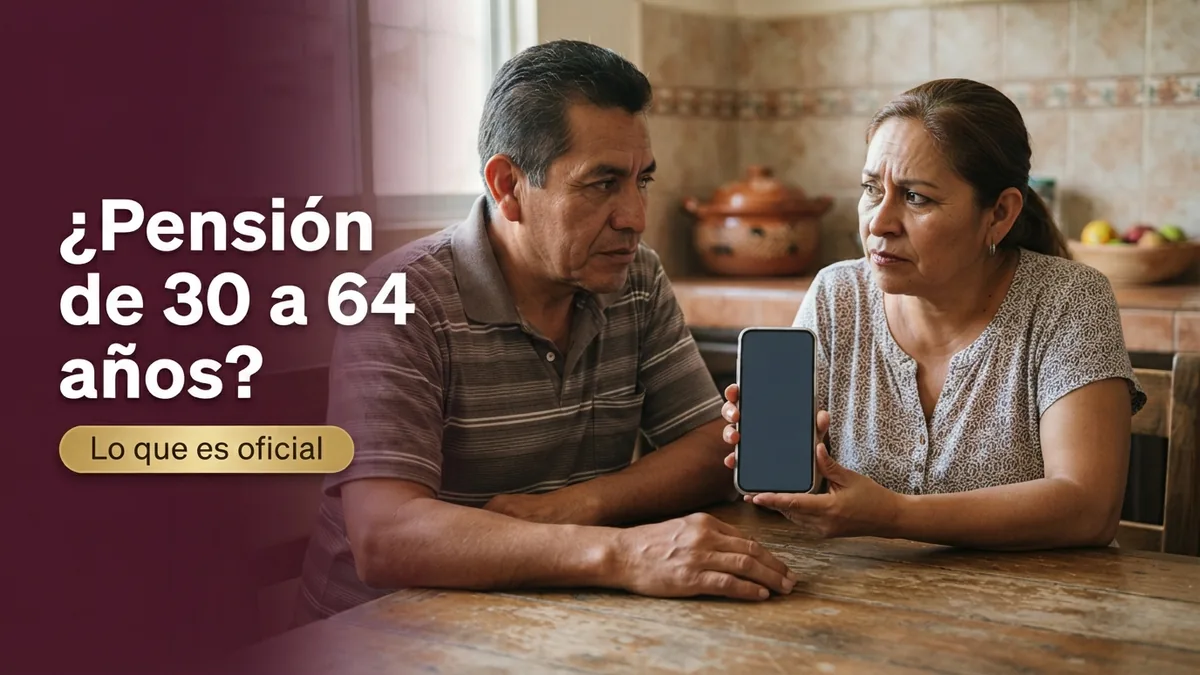 Pareja mexicana revisando en el celular un supuesto apoyo del Bienestar de 30 a 64 años