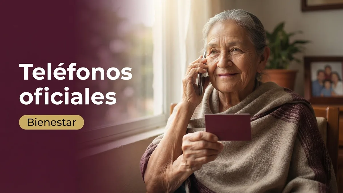 Mujer adulta mayor llamando por teléfono con su Tarjeta Bienestar en la mano