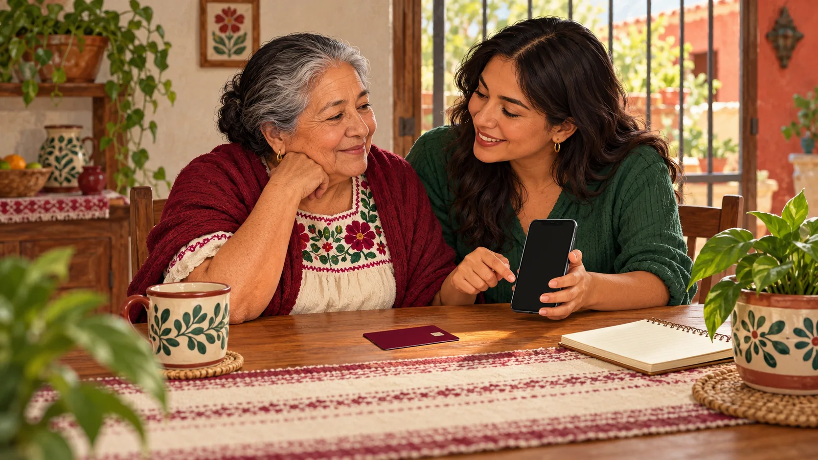 Ilustración de una mujer mayor y un familiar consultando información juntos en casa