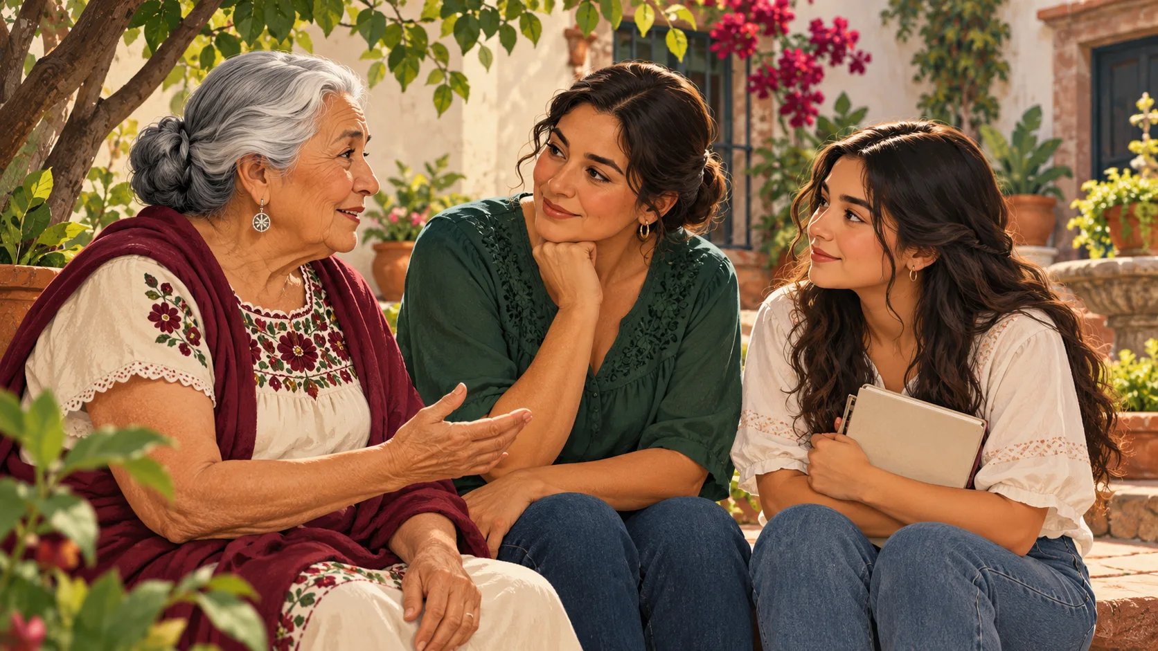 Ilustración de tres generaciones de una familia conversando en un patio